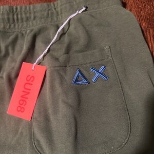 Sun 68 Dark Green Cotton Shorts with Blue Detail